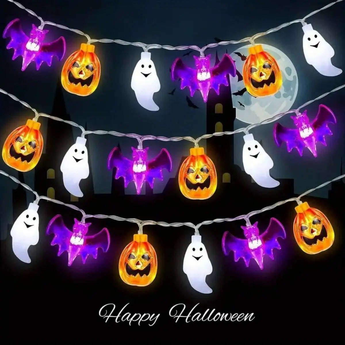 3D Halloween Pumpkin, Bat & Ghost Battery-Operated String Lights