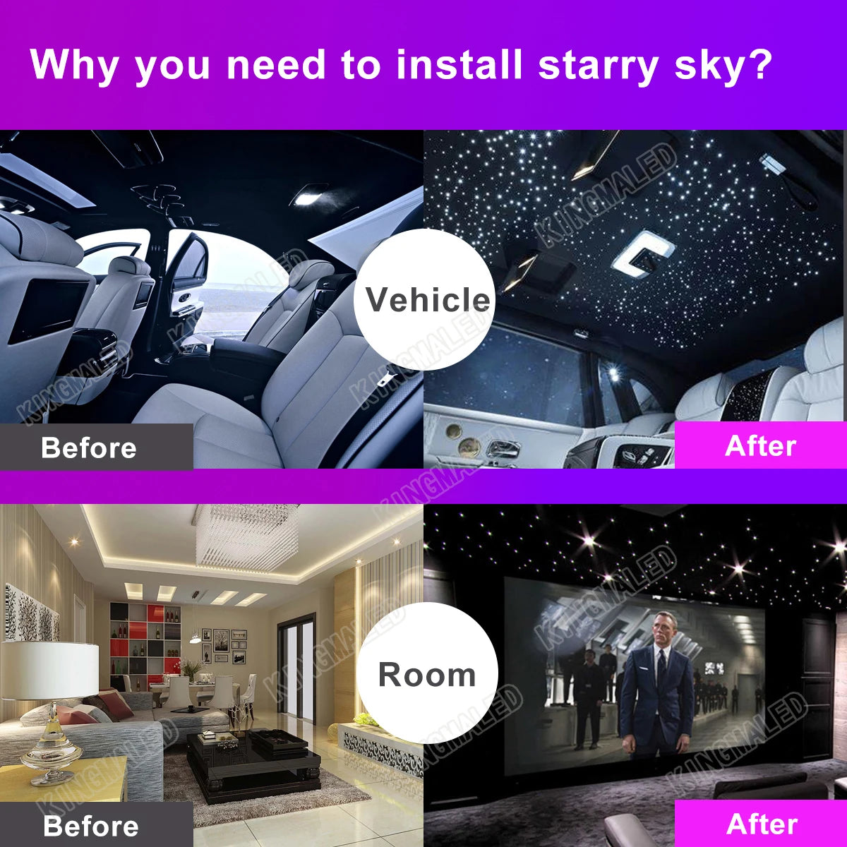 DC12V Starry Sky Fiber Optic Car Ceiling Kit – RGBW App-Controlled Star Roof Light