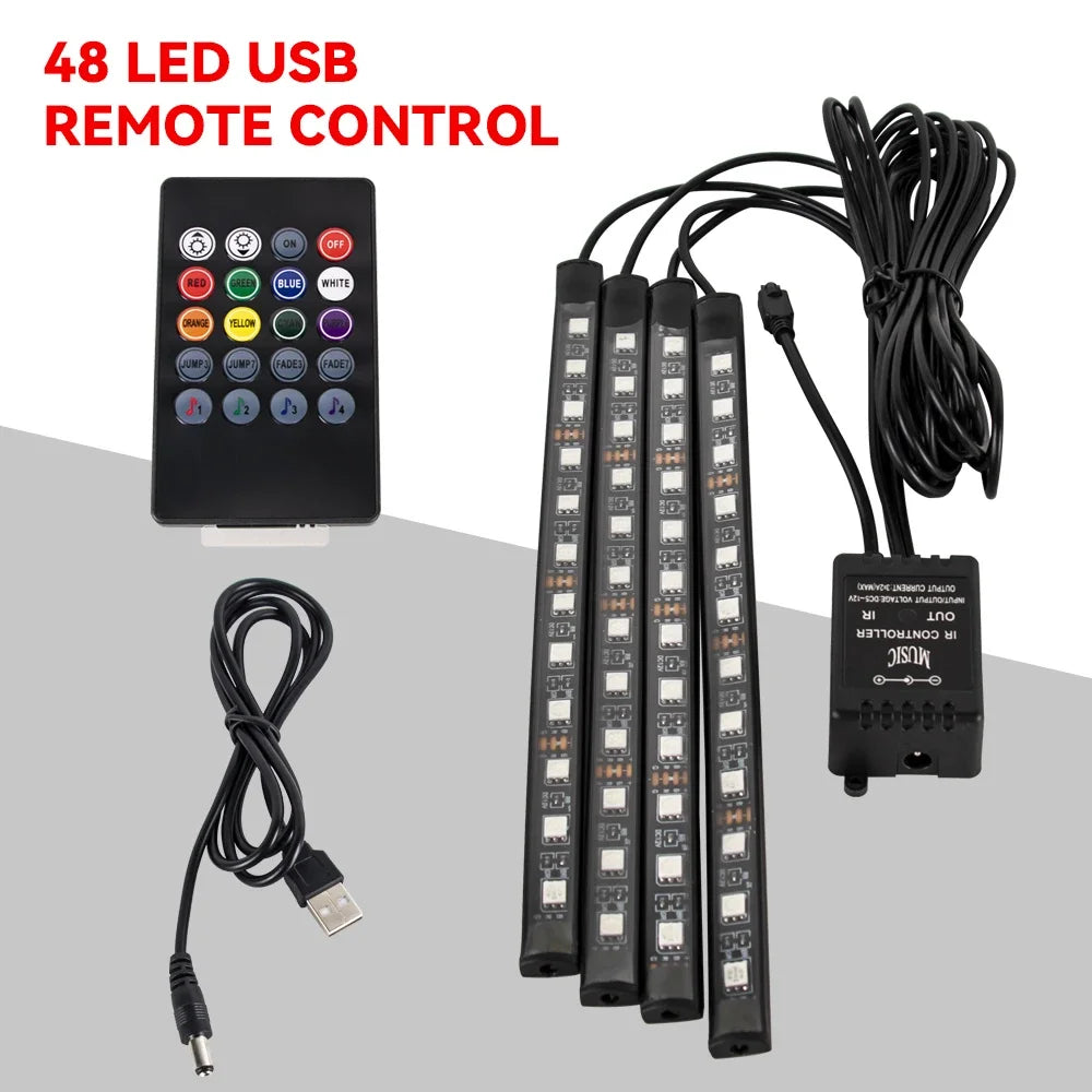 RGB Car Ambient Foot Light – USB Wireless Remote & App Control Interior LED Strip