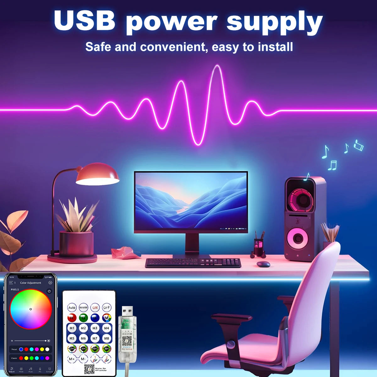 5V Neon Strip Neon Wall Light USB Color-Changing close-up product view, in RGBIC