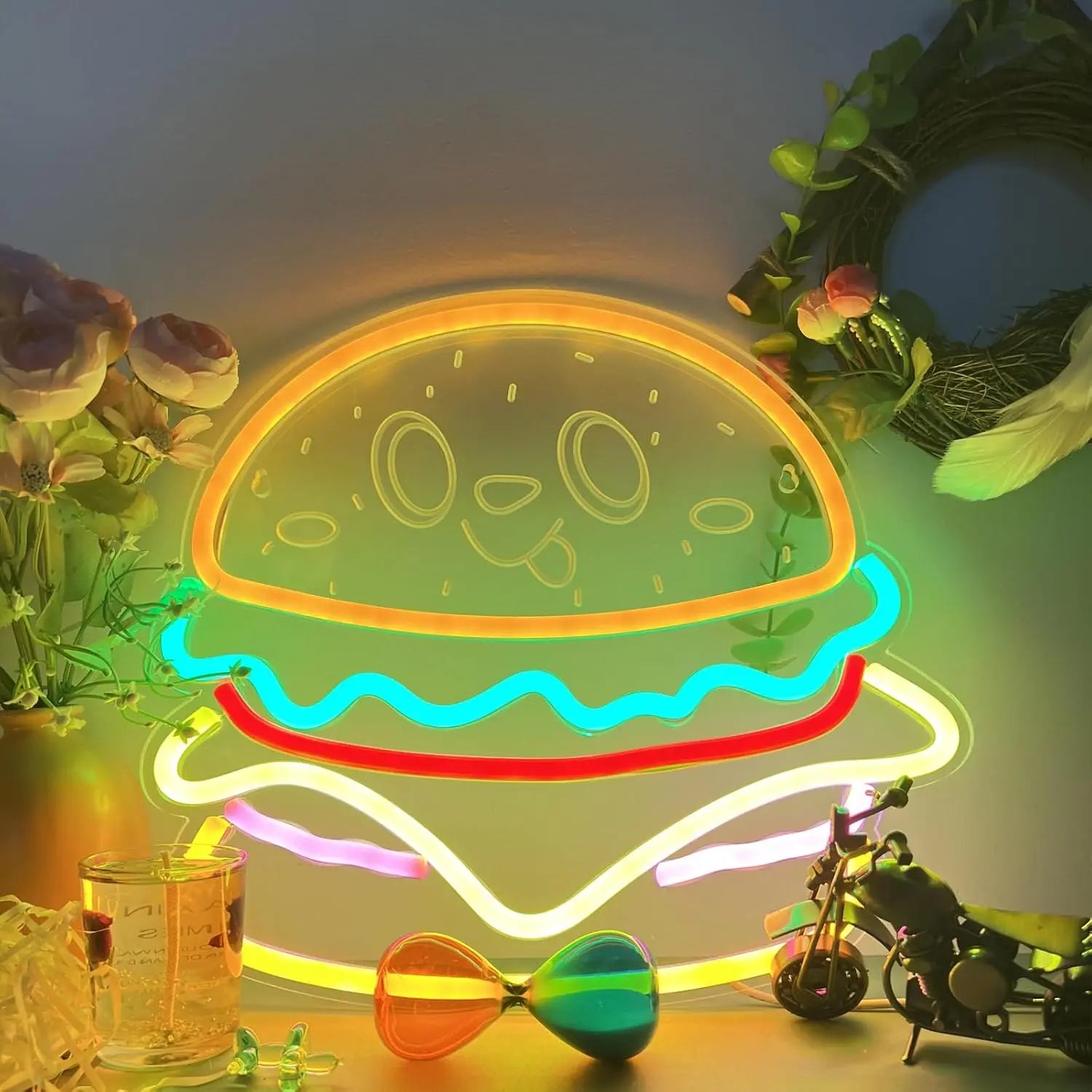 Hamburger Smiling Face Neon Wall Light USB close-up product view, in Hamburger