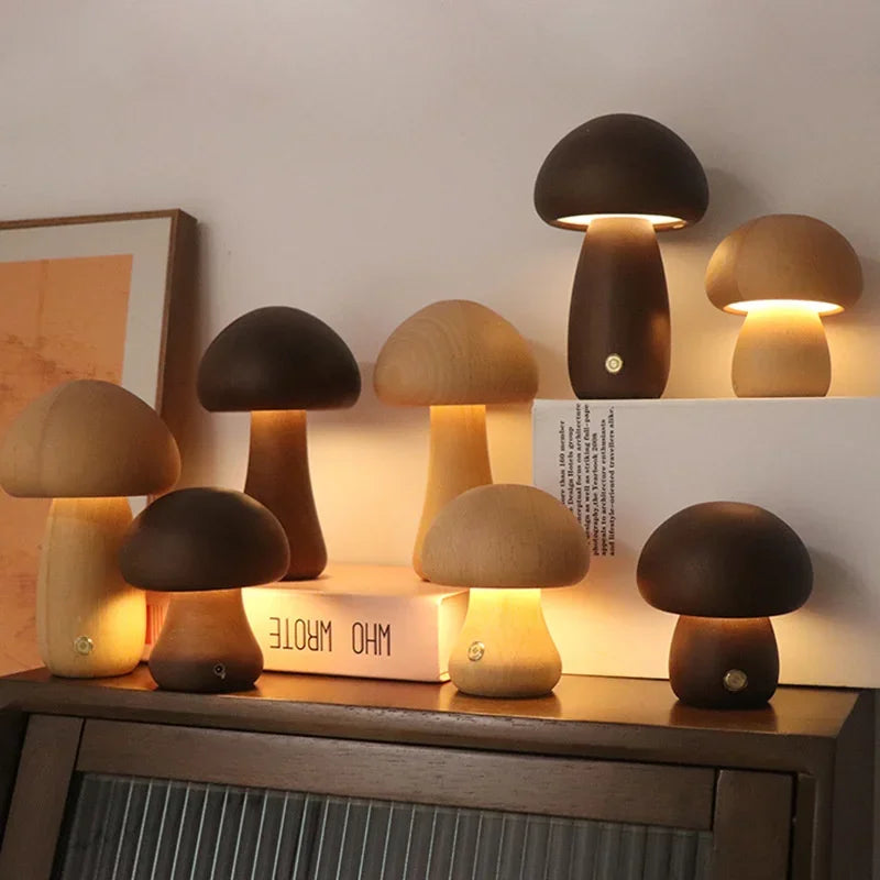 Wooden Mushroom Touch Lamp – Ambient LED Night Light