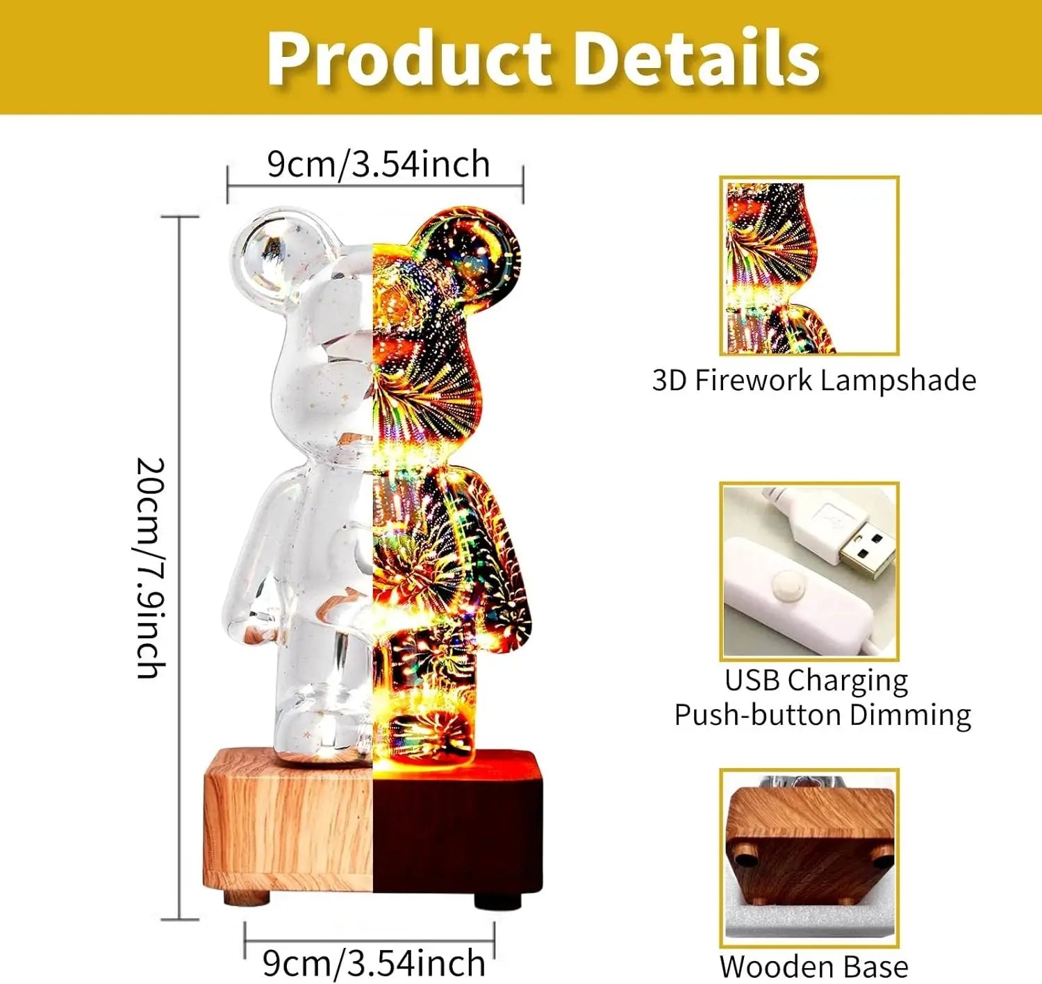 3D Fireworks Glass Bear Light