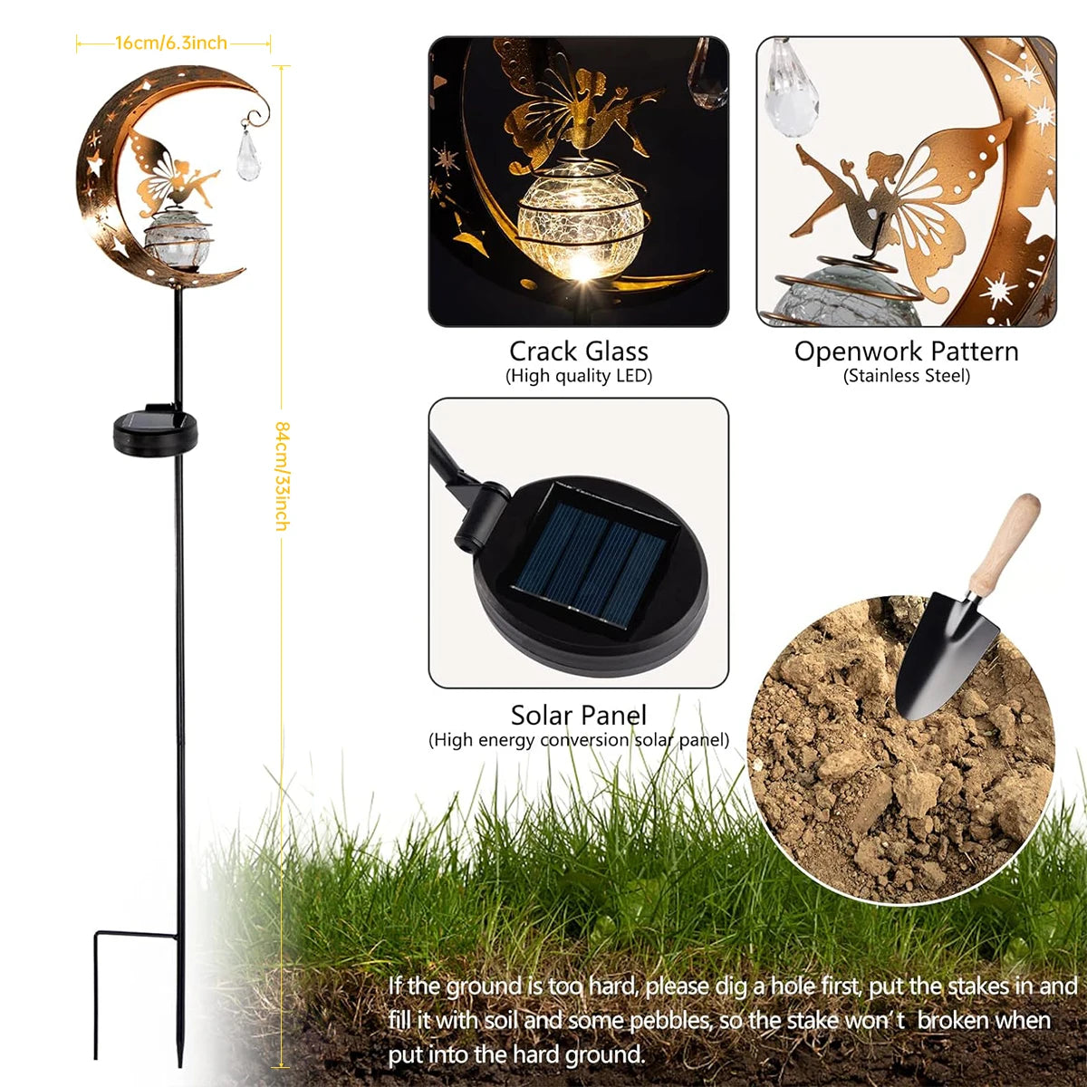 Angel Moon Crackle Glass Solar Garden Stake Light