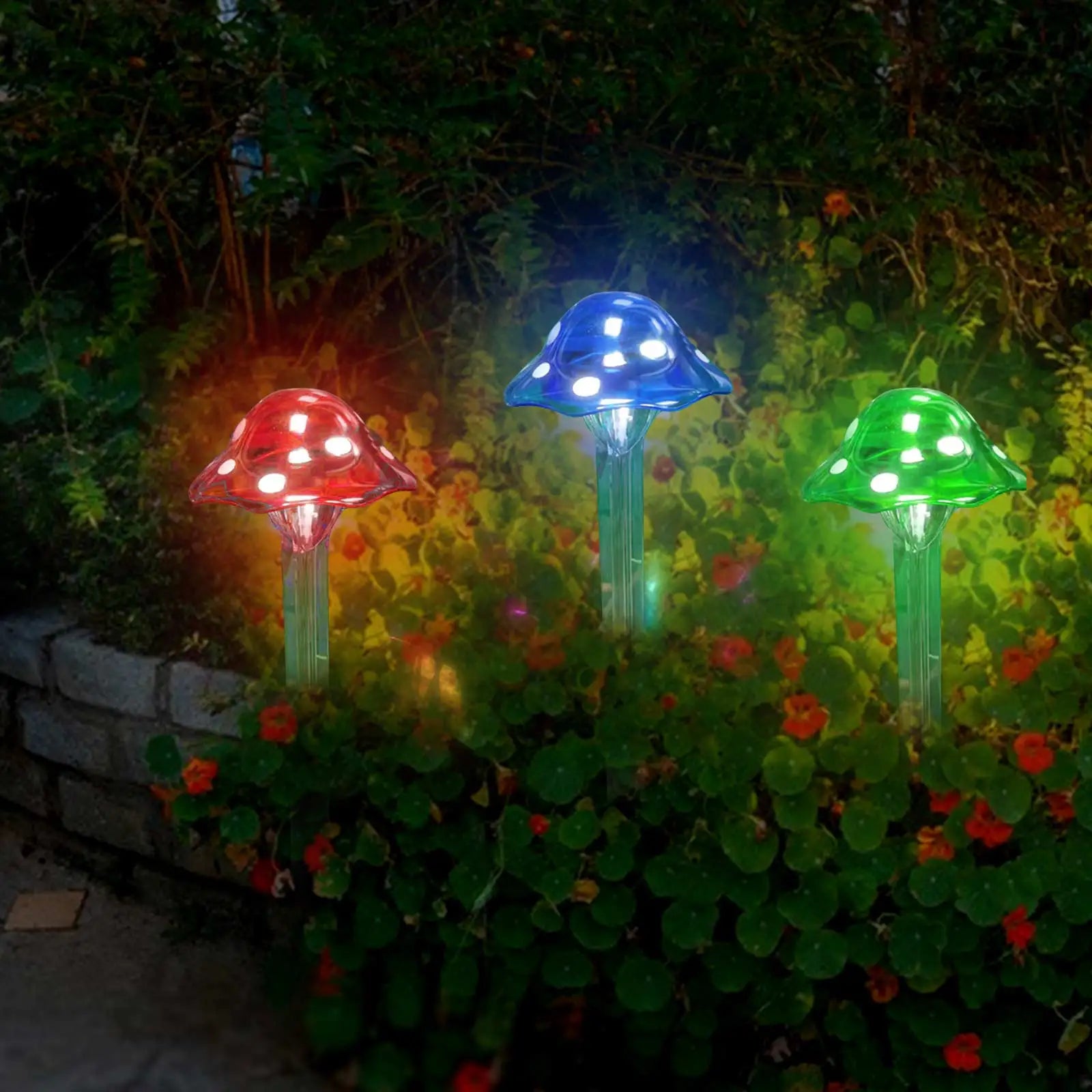Solar-Powered Mushroom Garden Lights – Set of 3 (Red, Blue, Green)