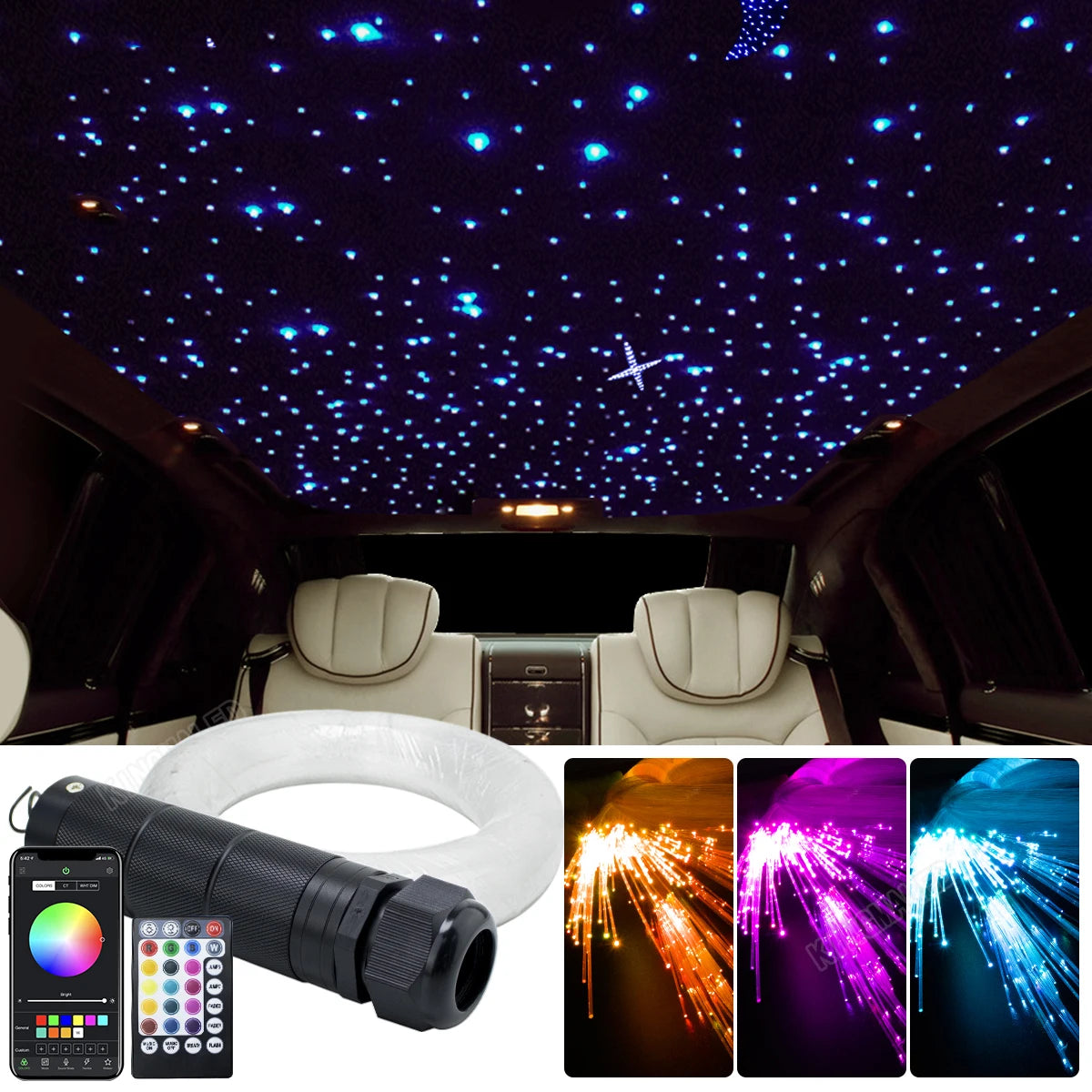 DC12V Starry Sky Fiber Optic Car Ceiling Kit – RGBW App-Controlled Star Roof Light