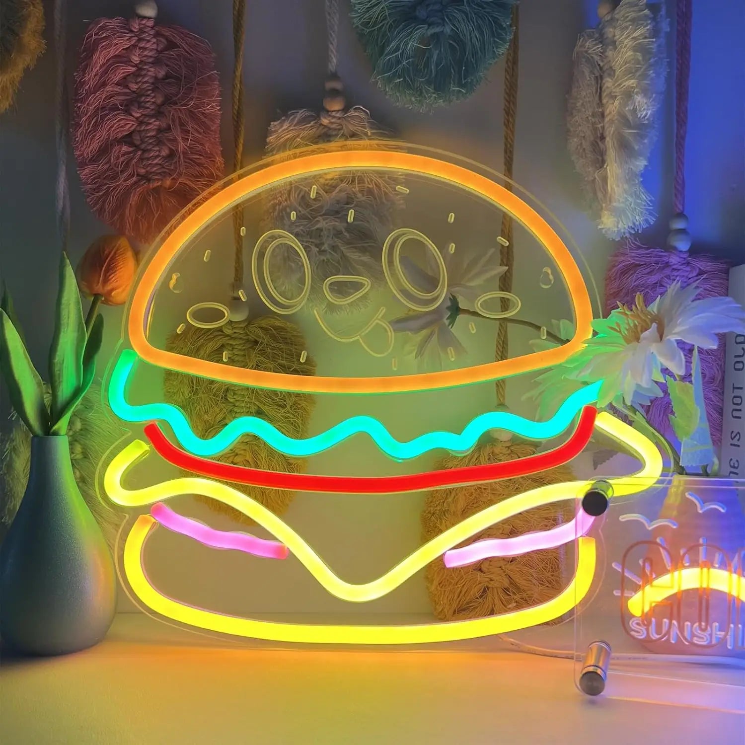 Hamburger Smiling Face Neon Wall Light USB decorative lighting detail