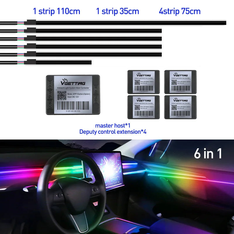 RGB Car Ambient Interior Lights – Full Colour LED Streamer Strip for Dashboard & Footwell