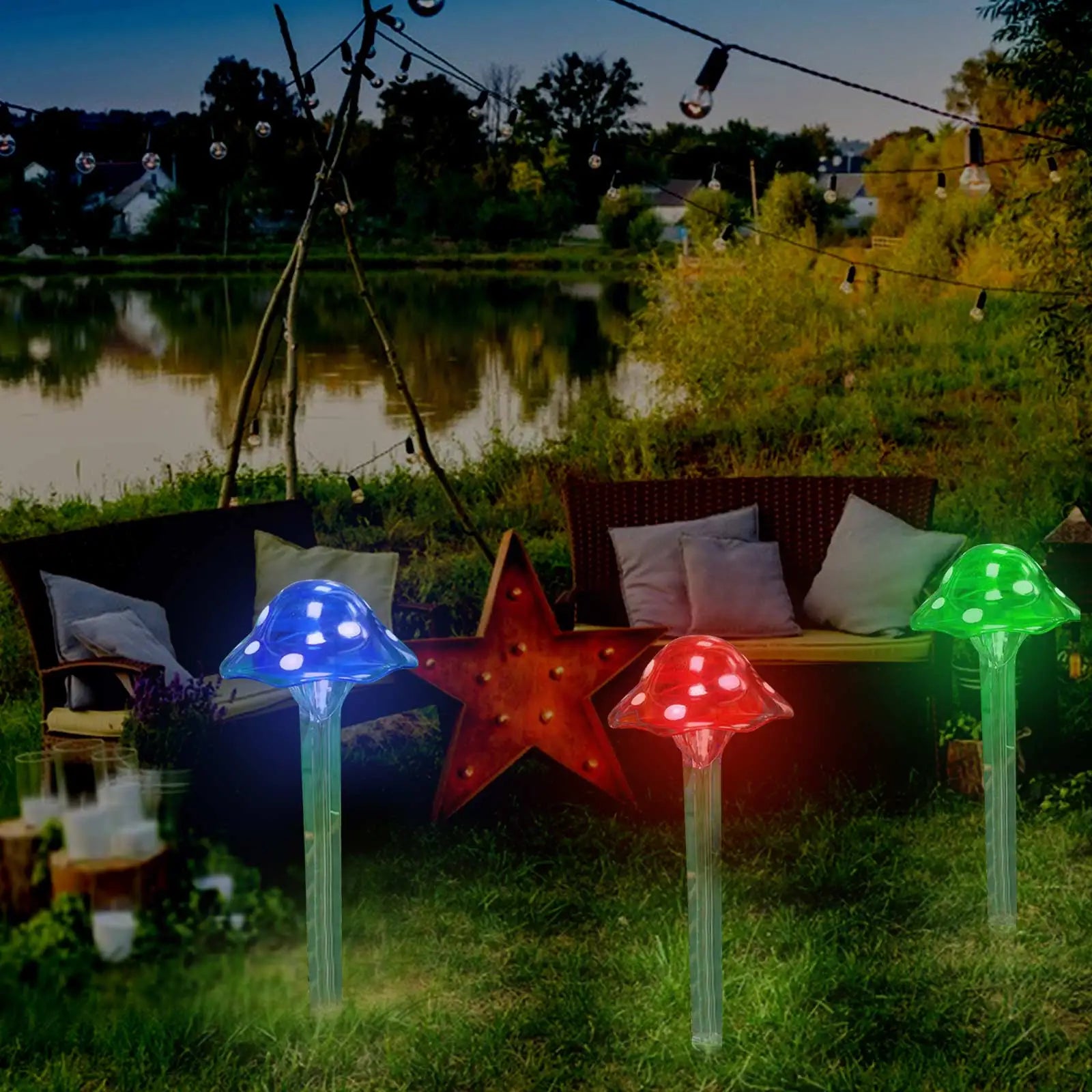 Solar-Powered Mushroom Garden Lights – Set of 3 (Red, Blue, Green)