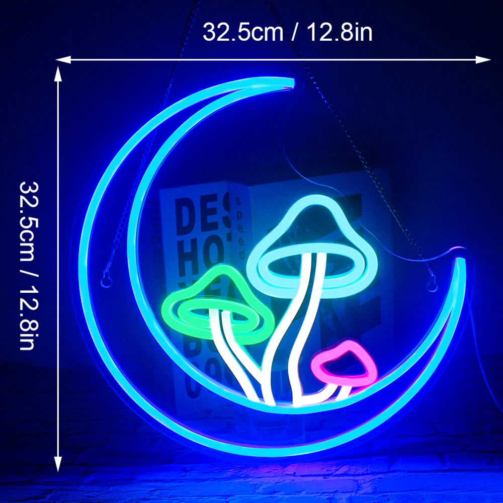 Luminous Moon & Mushroom LED Neon Wall Light – USB Powered