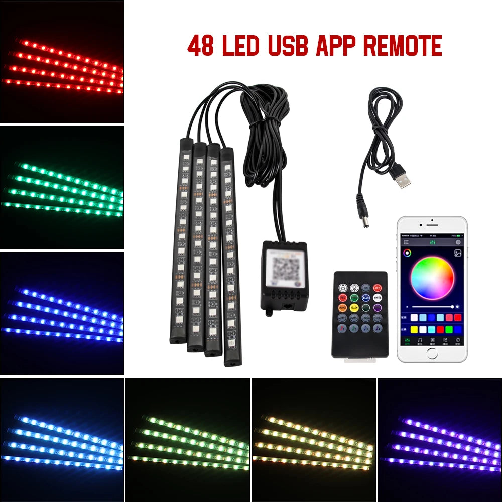 RGB Car Ambient Foot Light – USB Wireless Remote & App Control Interior LED Strip