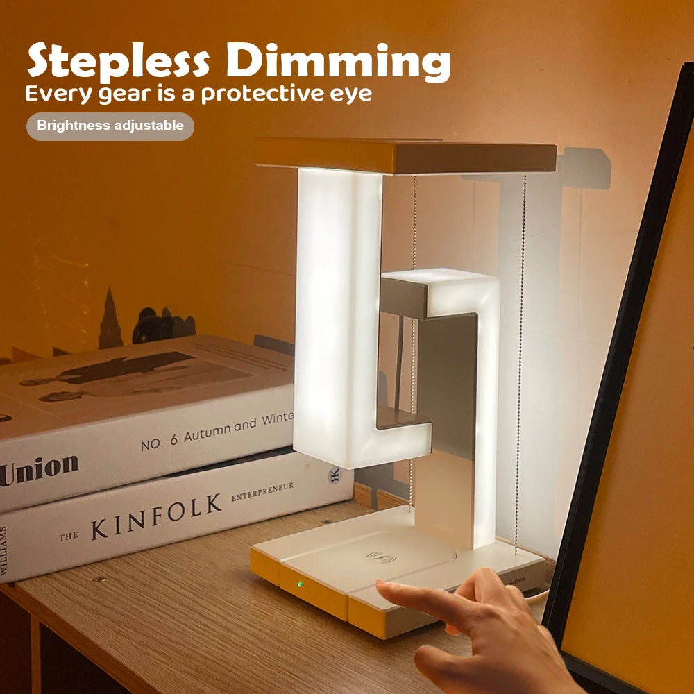 Floating Base LED Desk Lamp with 10W Wireless Charging – USB-C Bedside Touch Lamp