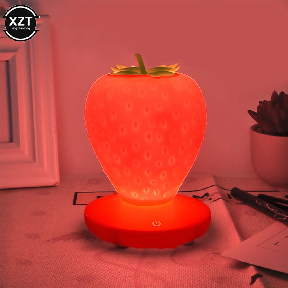 Strawberry Children Sleep Bedside Table Lamp USB Battery for nursery or kids room decor, in Red, WHITE, or Pink