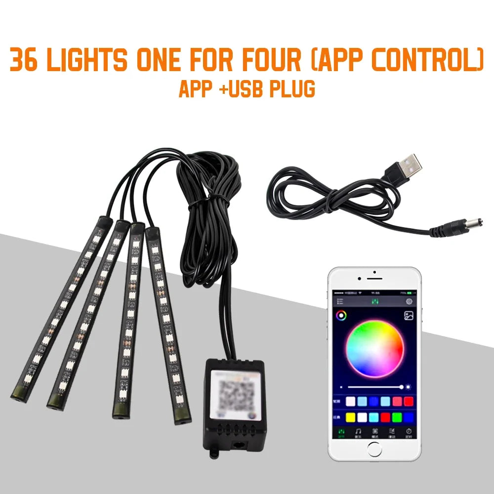 RGB Car Ambient Foot Light – USB Wireless Remote & App Control Interior LED Strip