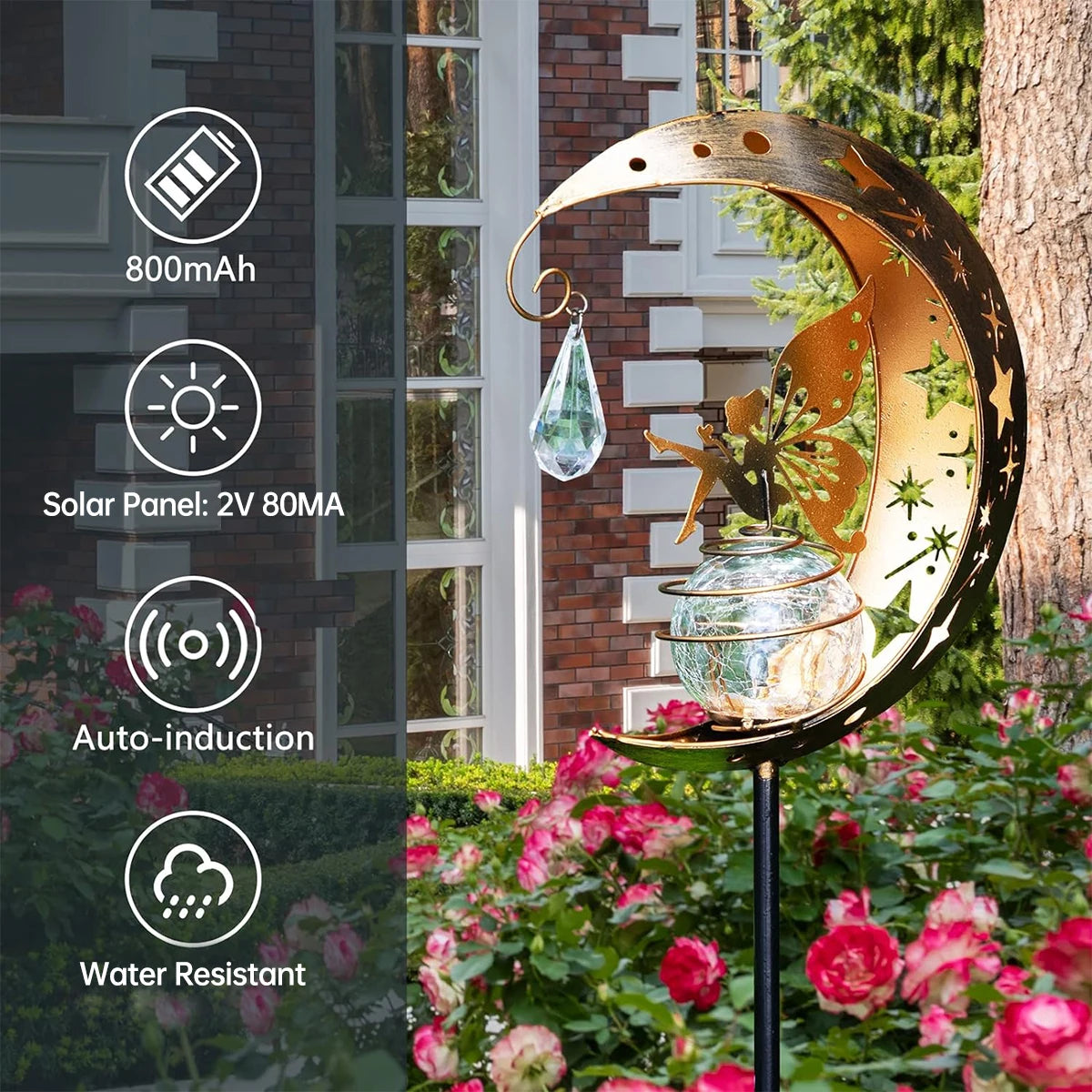 Angel Moon Crackle Glass Solar Garden Stake Light