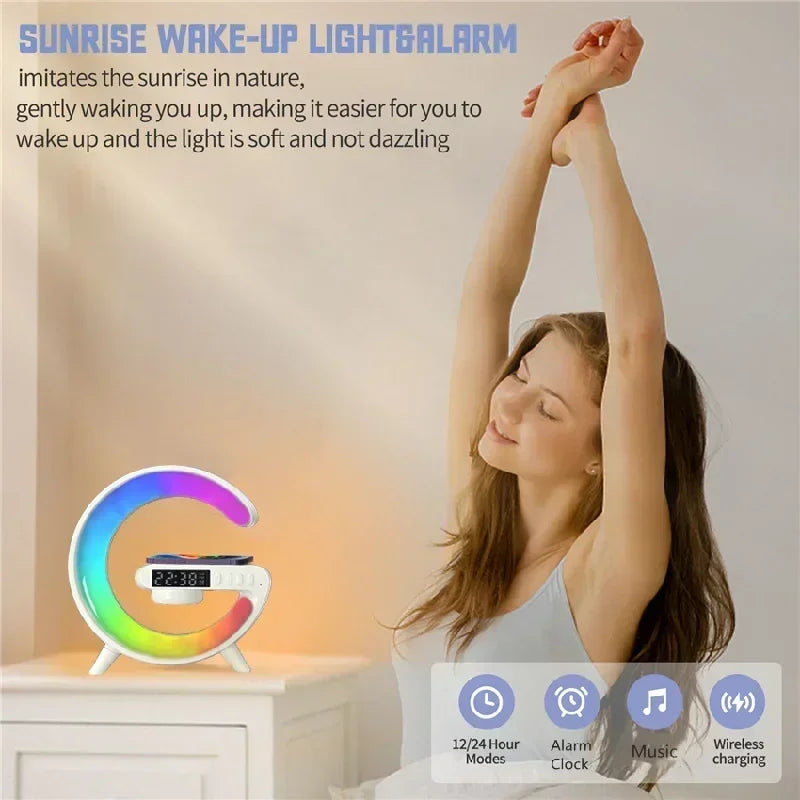 Wireless Charging Alarm Clock Speaker Lamp RGB design detail view