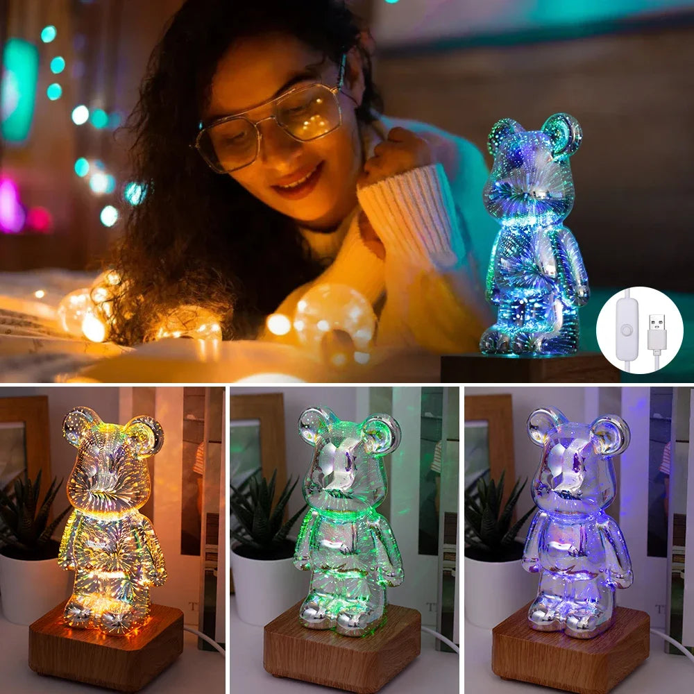 3D Fireworks Glass Bear Light