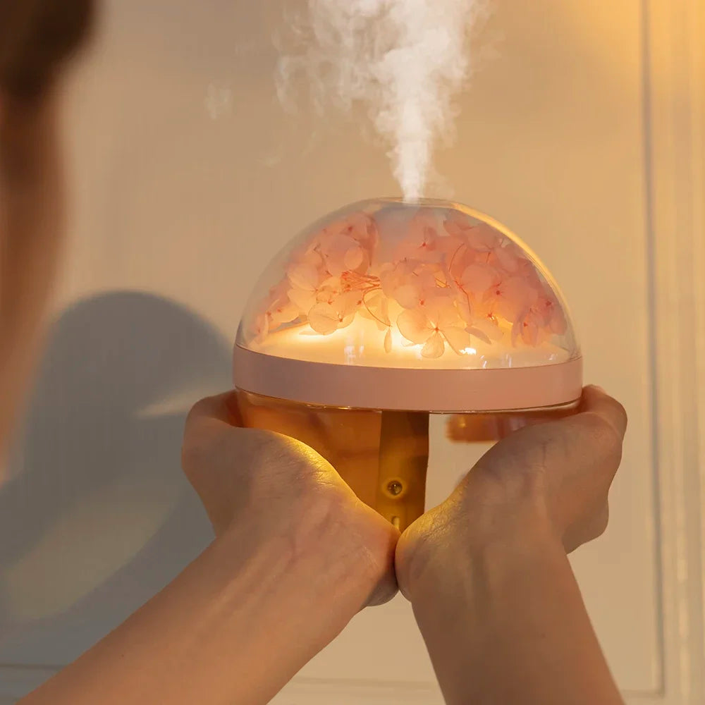 Flower Humidifier Night Light Rechargeable USB close-up product view, in Purple, Pink, or Blue