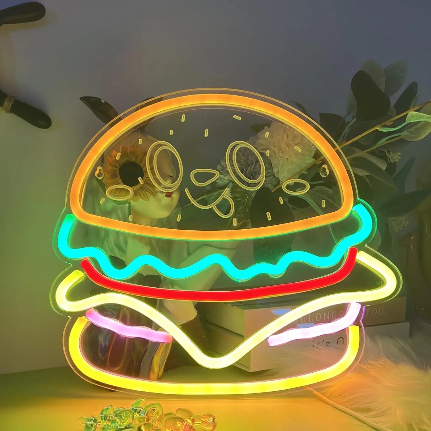 Hamburger Smiling Face Neon Wall Light USB for nursery or kids room decor, in Hamburger