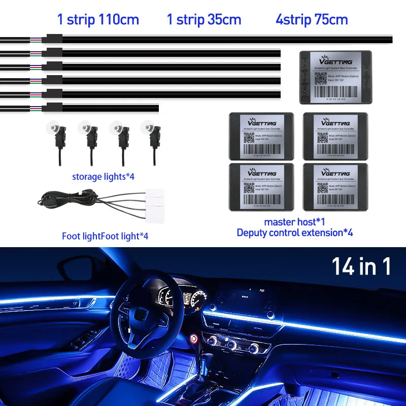 RGB Car Ambient Interior Lights – Full Colour LED Streamer Strip for Dashboard & Footwell