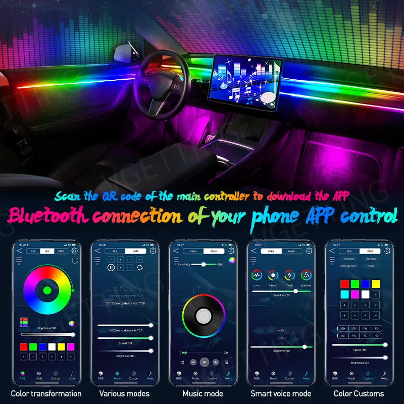 RGB Car Ambient Interior Lights – Full Colour LED Streamer Strip for Dashboard & Footwell