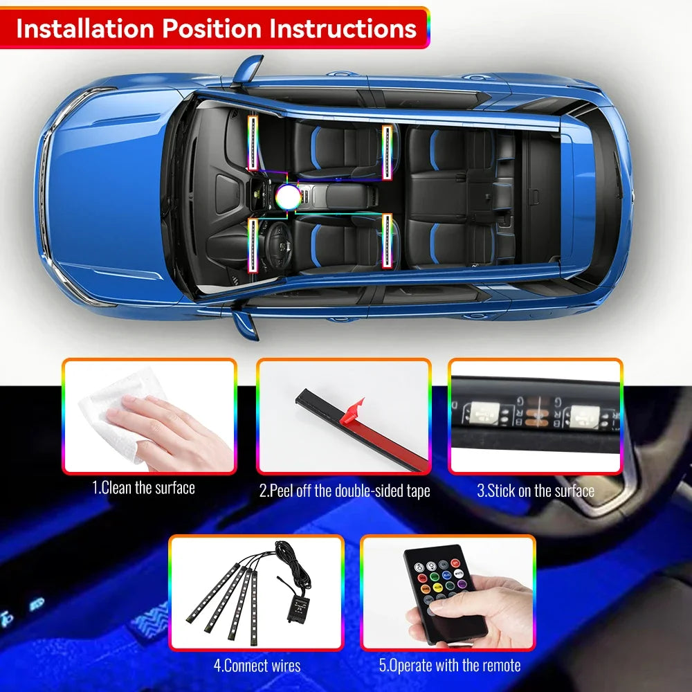 RGB Car Ambient Foot Light – USB Wireless Remote & App Control Interior LED Strip