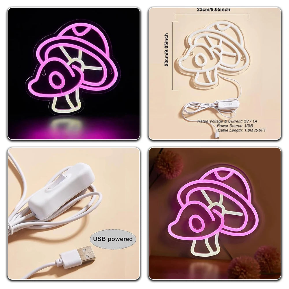 Pink Glow Twin Mushroom LED Neon Light – USB-Powered Wall Art