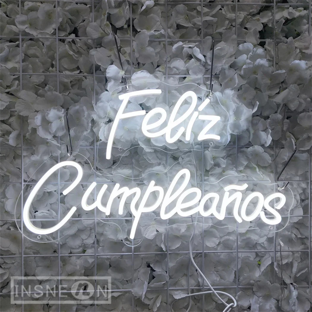 Feliz Cumpleanos Neon Neon Wall Light USB shown as soft ambient home lighting
