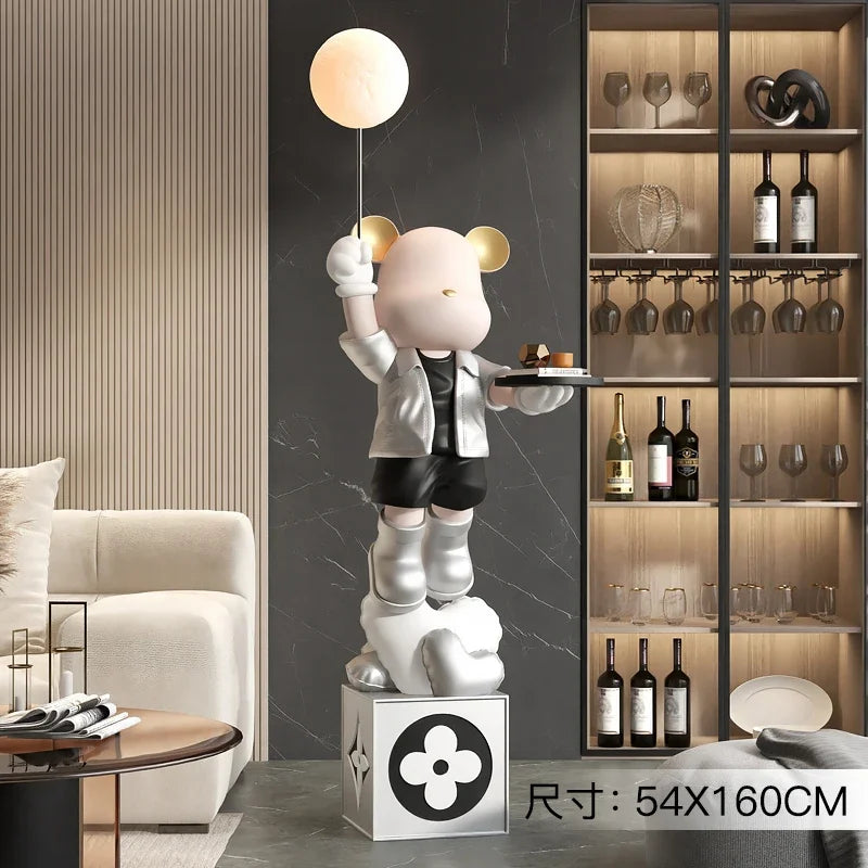 Luminous Bear Vitality Statue – 160cm LED Floor Sculpture with Tray Storage for Living Room
