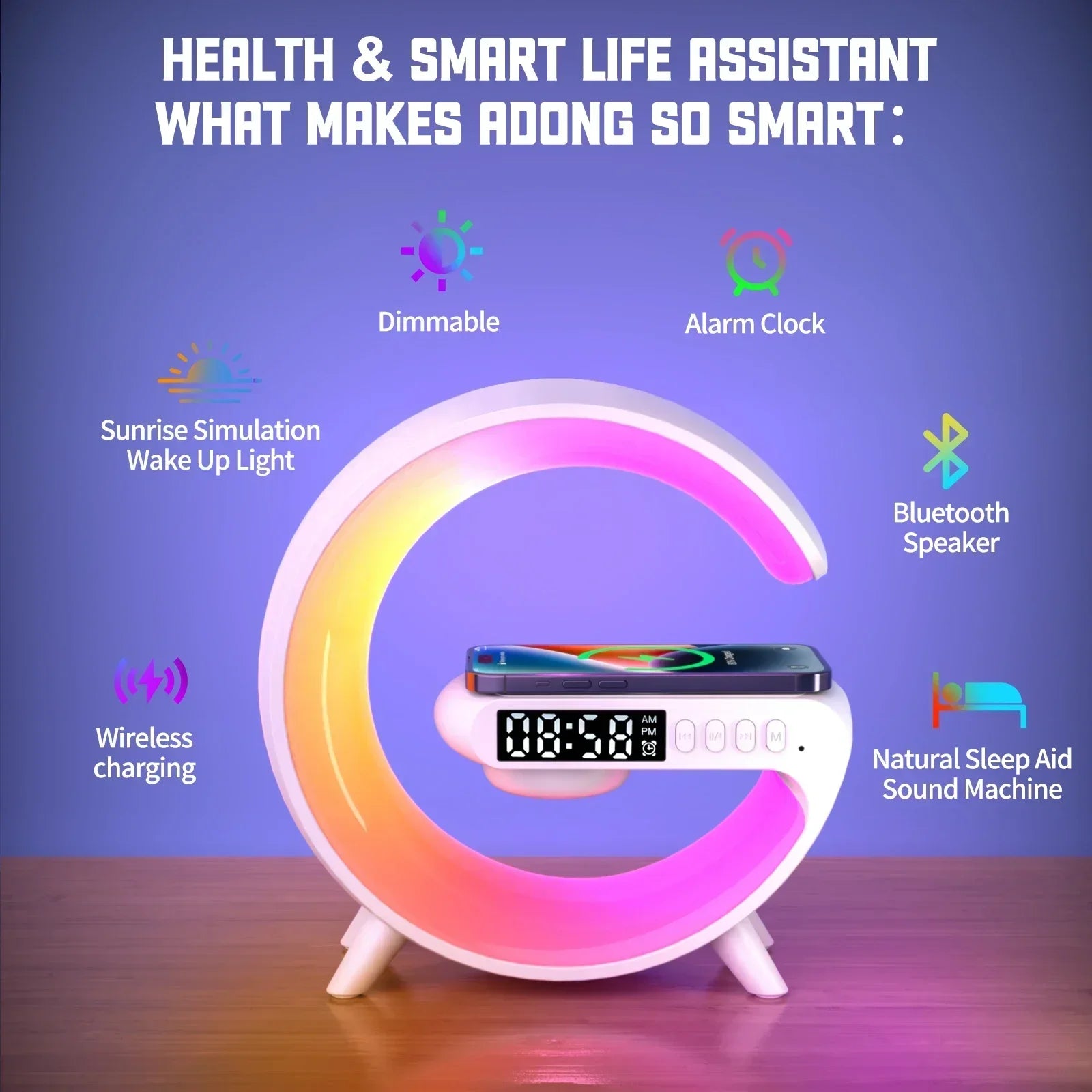 Wireless Charging Alarm Clock Speaker Lamp RGB shown as soft ambient home lighting