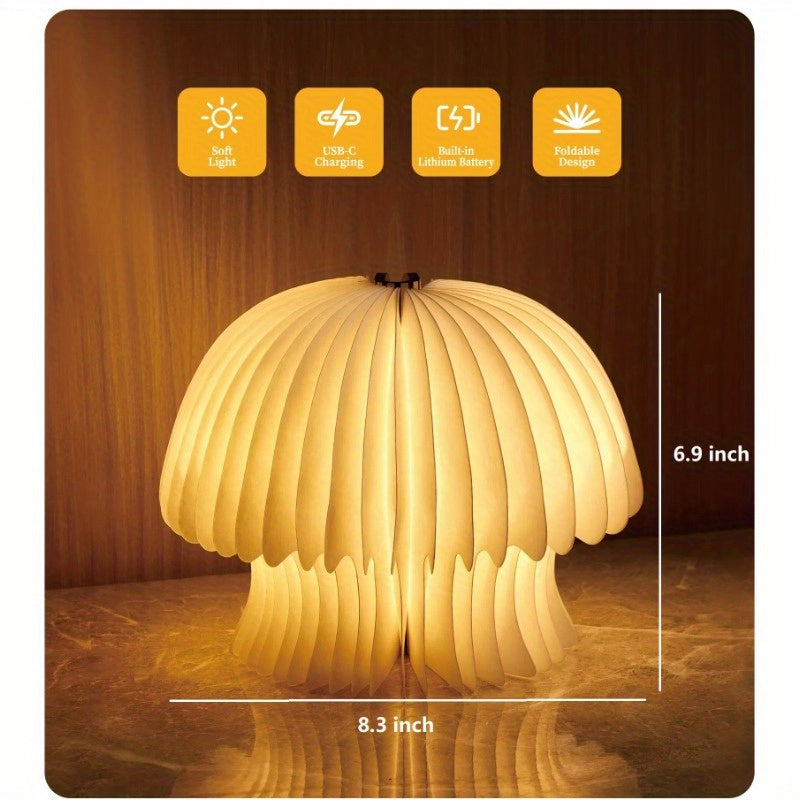 Natural Wood Foldable Mushroom Lamp | Rechargeable & Cordless