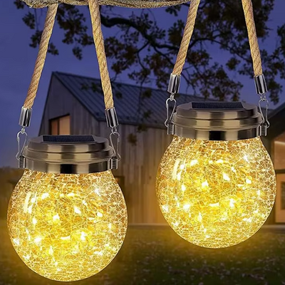 Solar-Powered Cracked Glass Hanging Lantern