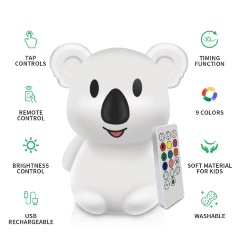 Koala RGB LED Night Light – USB Rechargeable Touch-Sensor Kids Desk Lamp