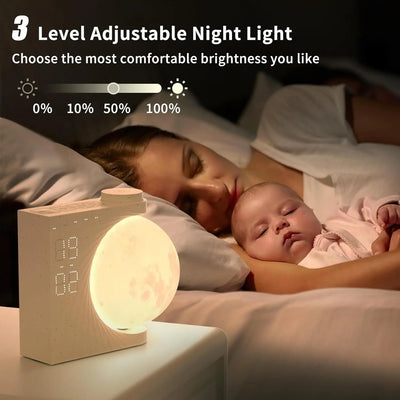 Moon Alarm Clock Lamp shown as soft ambient home lighting