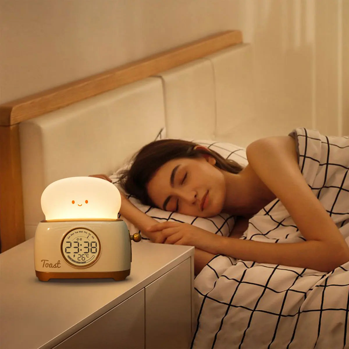 Lights Alarm Clock Alarm Clock Lamp Dimmable USB shown as soft ambient home lighting