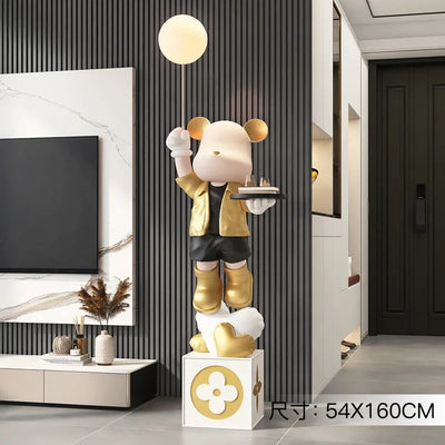 Luminous Bear Vitality Statue – 160cm LED Floor Sculpture with Tray Storage for Living Room