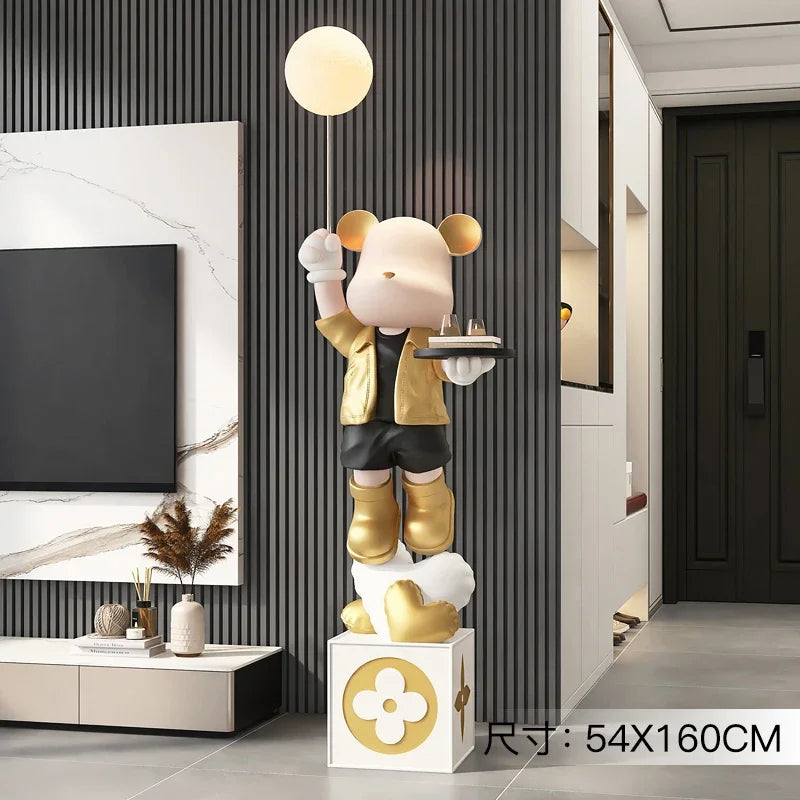 Luminous Bear Vitality Statue – 160cm LED Floor Sculpture with Tray Storage for Living Room
