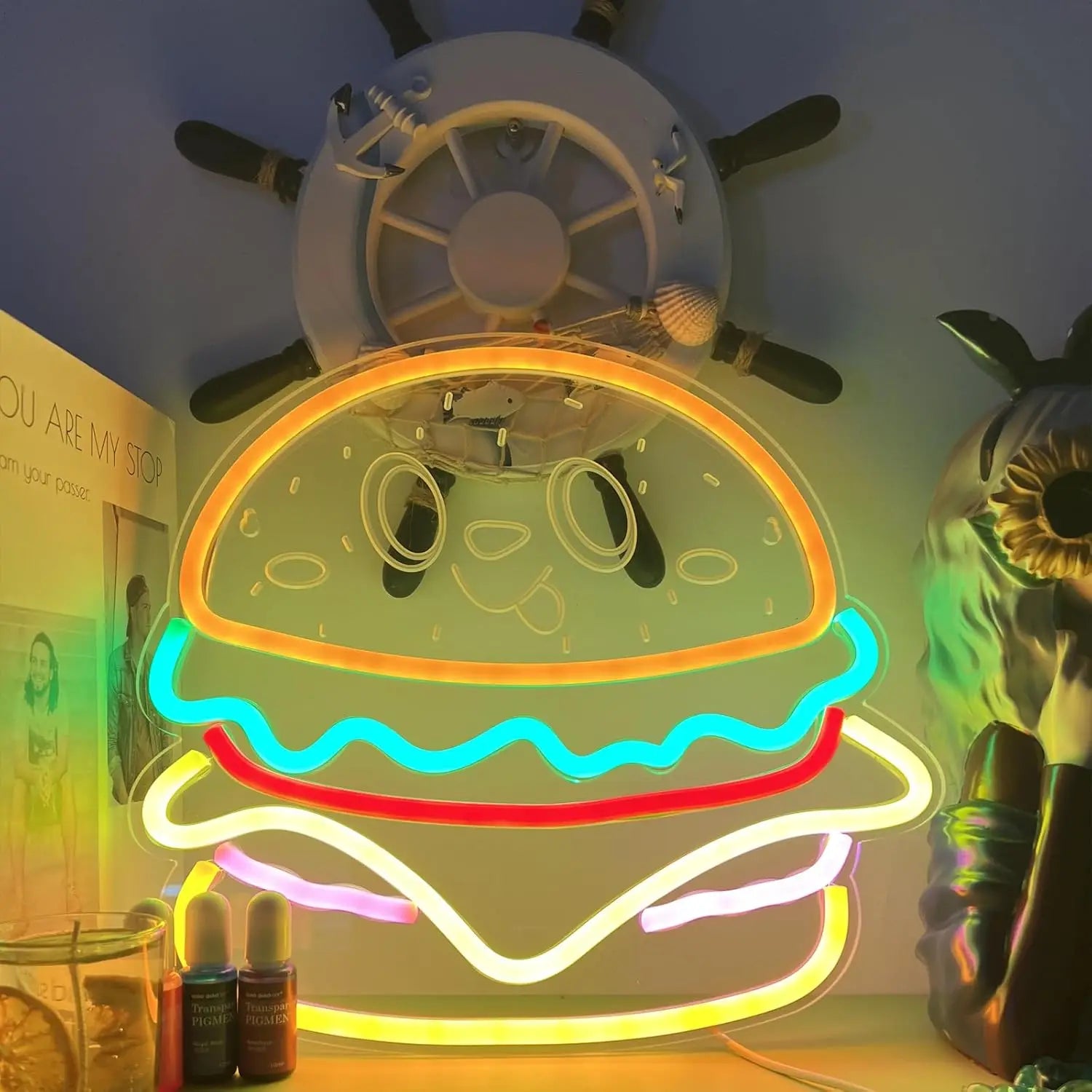 Hamburger Smiling Face Neon Wall Light USB design detail view