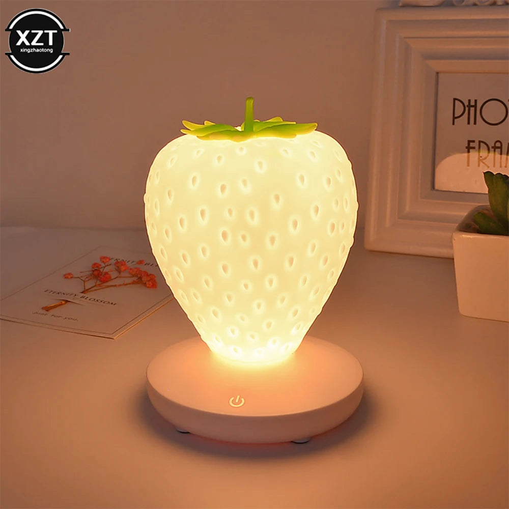 Strawberry Children Sleep Bedside Table Lamp USB Battery close-up product view, in Red, WHITE, or Pink