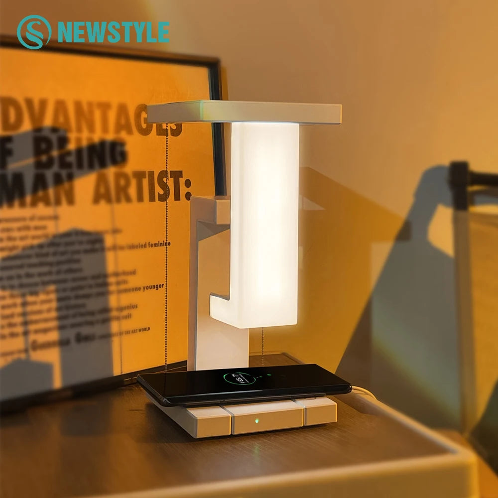Floating Base LED Desk Lamp with 10W Wireless Charging – USB-C Bedside Touch Lamp