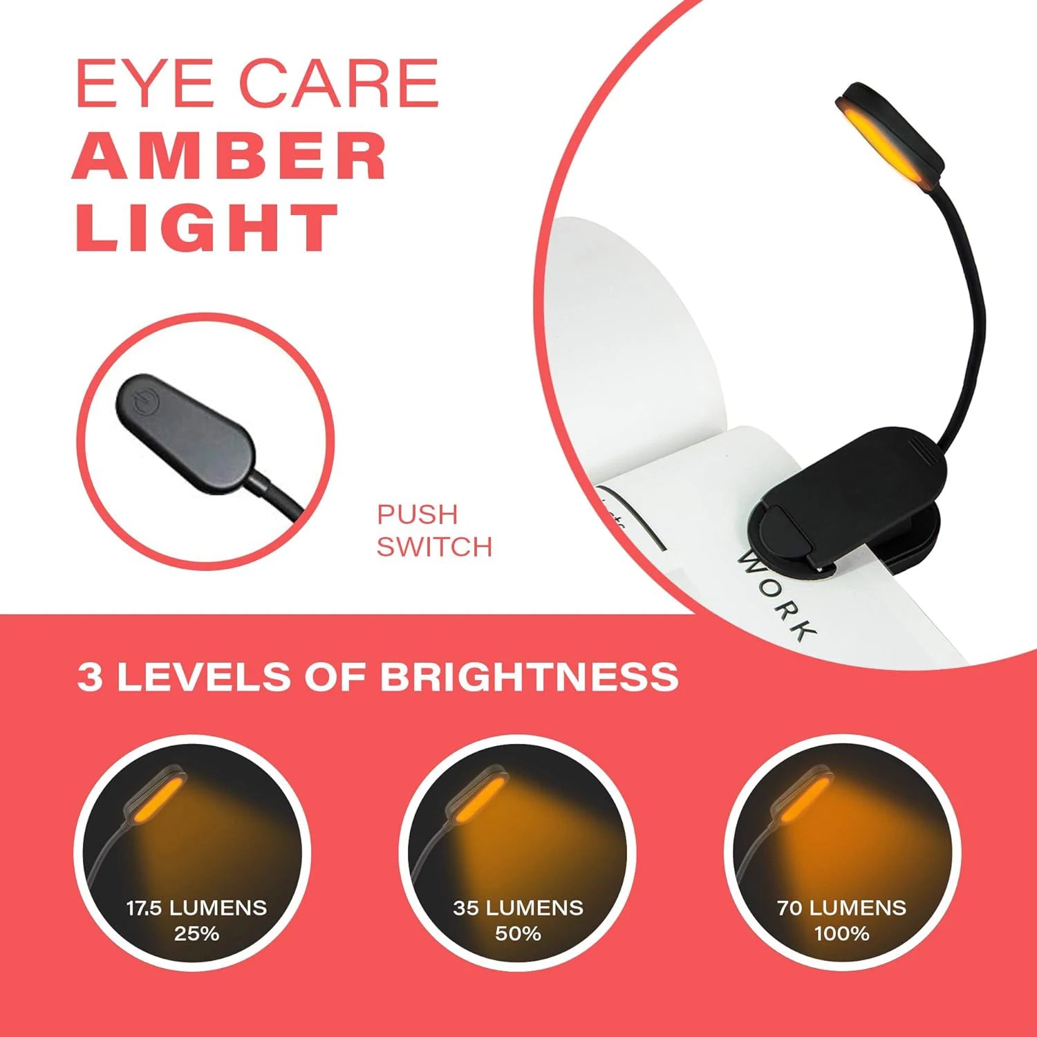 Amber Blue-Light Blocking Clip Reading Light – 1600K Rechargeable Eye-Care LED