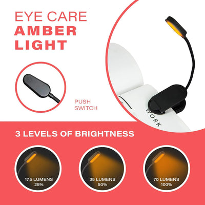 Amber Blue-Light Blocking Clip Reading Light – 1600K Rechargeable Eye-Care LED