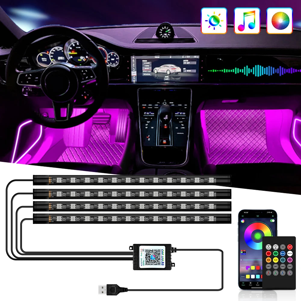RGB Car Ambient Foot Light – USB Wireless Remote & App Control Interior LED Strip