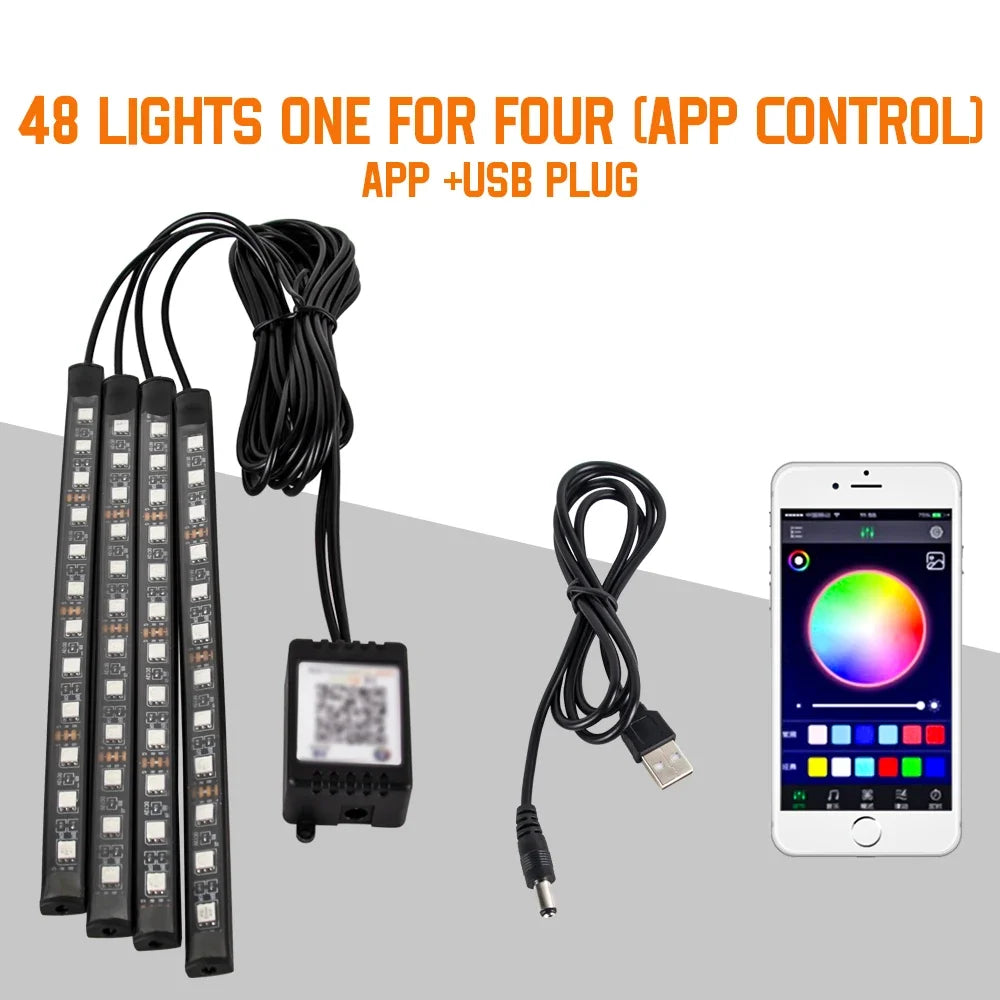 RGB Car Ambient Foot Light – USB Wireless Remote & App Control Interior LED Strip