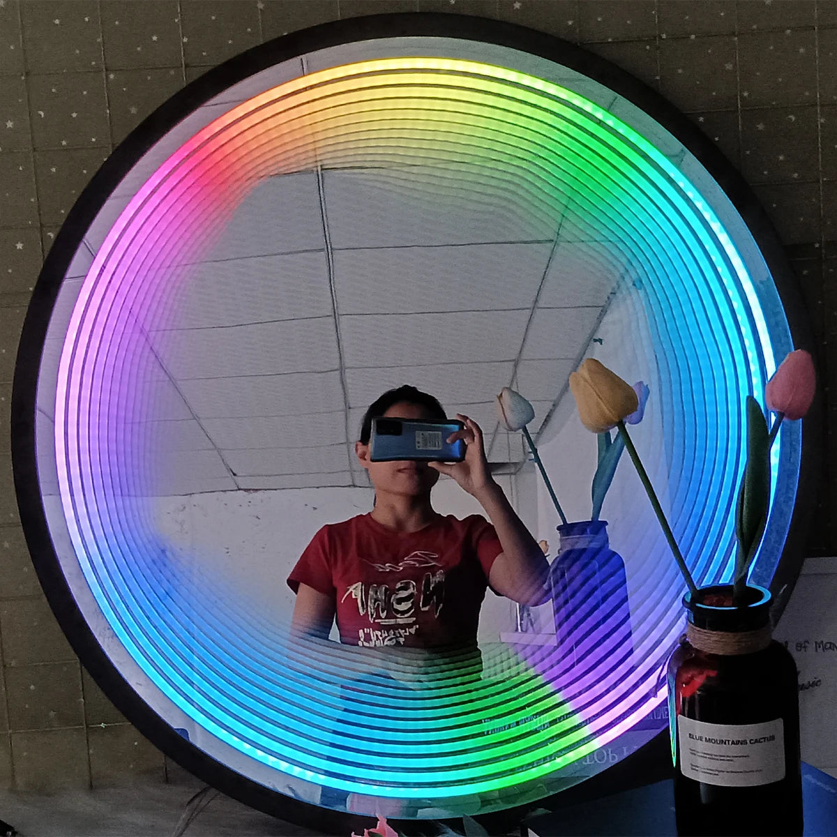 Round Infinite Mirror Neon Wall Light Color-Changing for wall accent lighting