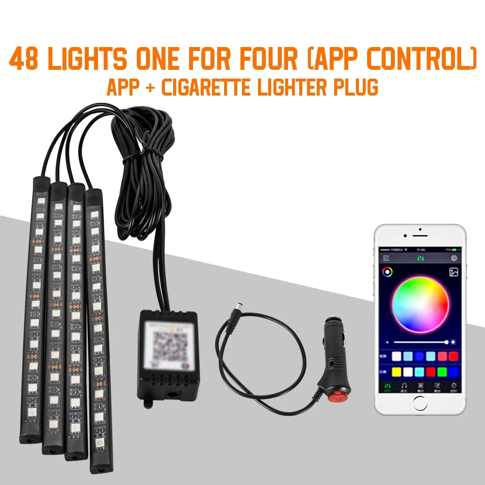 RGB Car Ambient Foot Light – USB Wireless Remote & App Control Interior LED Strip