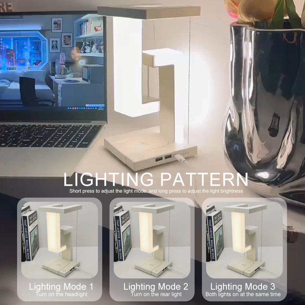 Floating Base LED Desk Lamp with 10W Wireless Charging – USB-C Bedside Touch Lamp