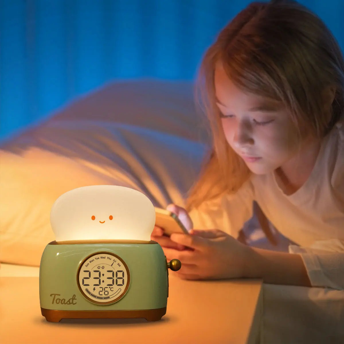 Lights Alarm Clock Alarm Clock Lamp Dimmable USB close-up product view, in Yellow or Green