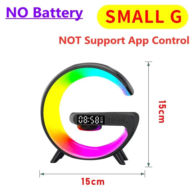 Wireless Charging Alarm Clock Speaker Lamp RGB shown as soft ambient home lighting