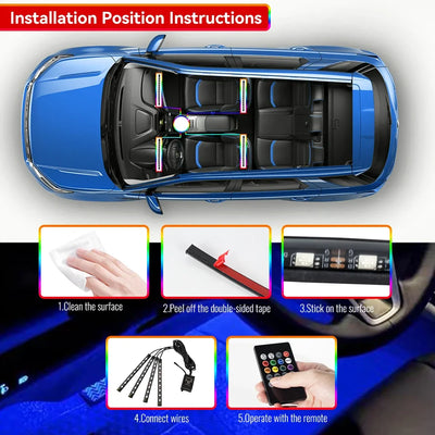 RGB Car Ambient Foot Light – USB Wireless Remote & App Control Interior LED Strip